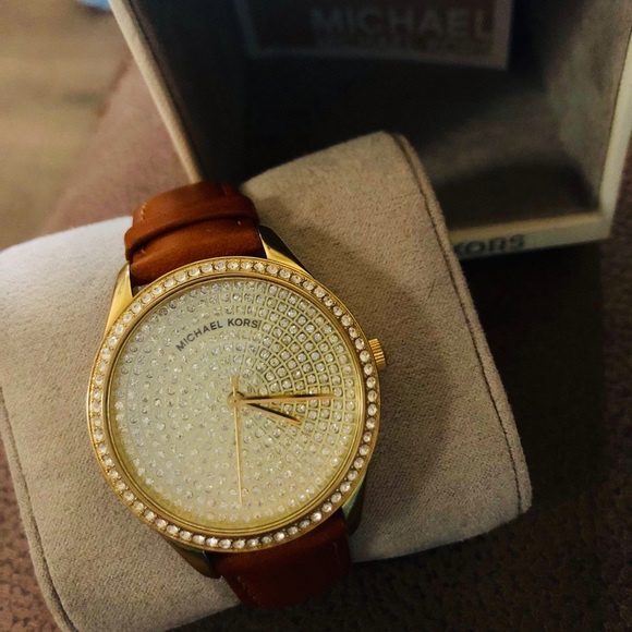 MK diamond studded watch w/ honey brown strap. - Picture 3 of 4